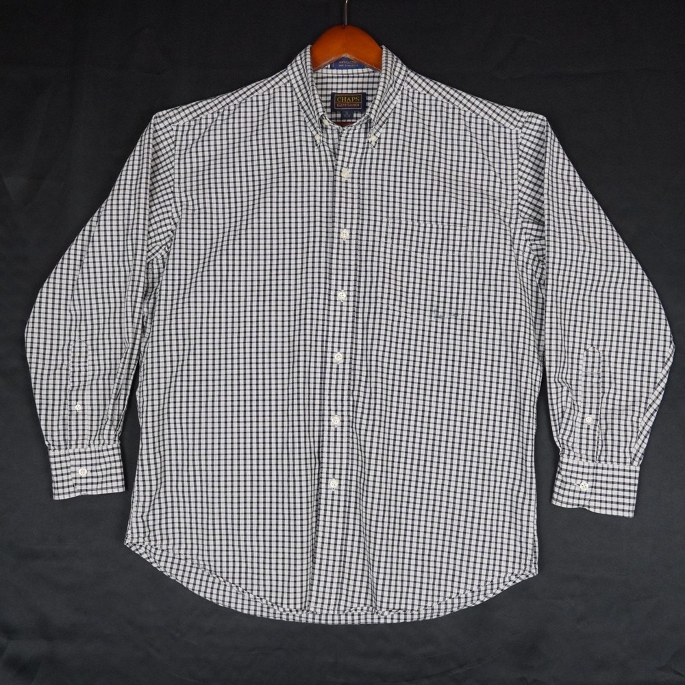 Chaps Button Down Shirt Mens 16 32/33 Blue Gingham Plaid Long Sleeve Cotton Fit